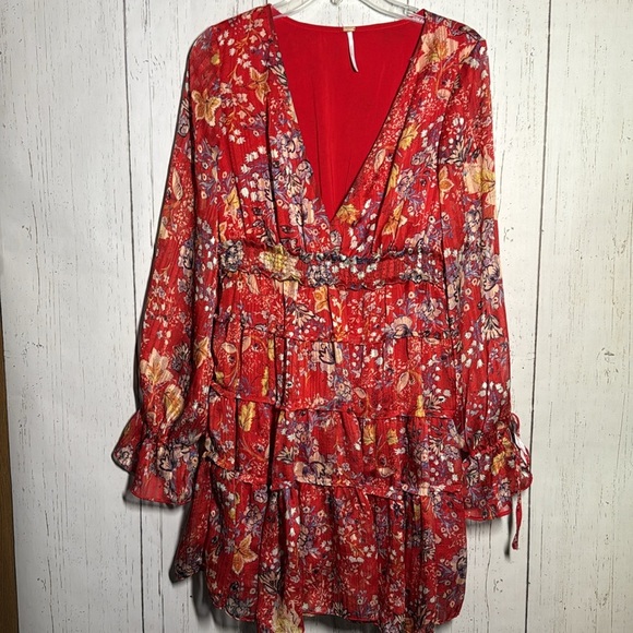 Free People Closer to The Heart Mini Ruffle Chiffon V Neck Dress Red Medium - Picture 3 of 7
